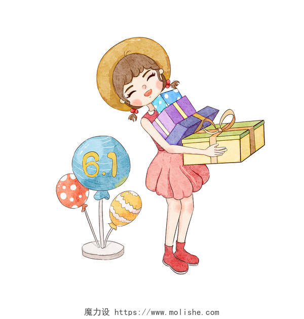 儿童节可爱小女孩开心礼物气球庆祝PNG素材PSD